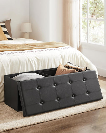 43 Inches Folding Storage Ottoman Bench, Storage Chest, Footrest, Coffee Table, Padded Seat, Faux Leather, Holds up to 660 Lb, Black ULSF701