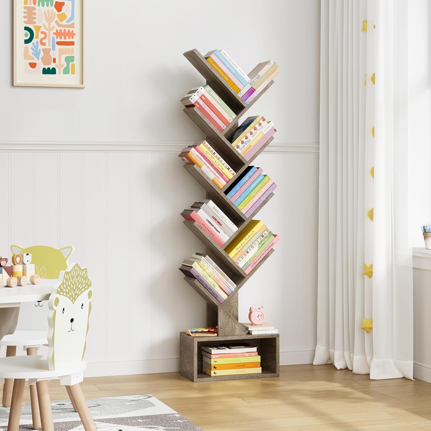 9 Tier Tree Bookshelf, Tall Bookcase with Drawer, Wood Book Shelf, Modern Floor Standing Bookshelves, Book Organizer Shelves for Bedroom, Living Room, Home Office, Greige