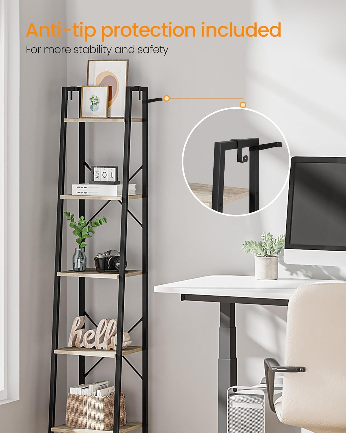 Ladder Shelf, Bookshelf Bookcase, Freestanding Corner Storage Shelve with 2 Hooks for Home Office, Living Room, Kitchen, Bedroom, Industrial, 5-Tier Greige BC03205B