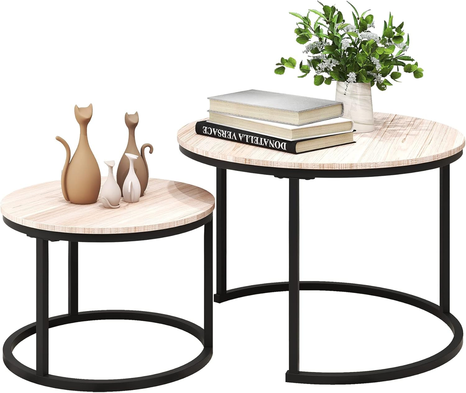 round Nesting Coffee Table Modern Furniture Nesting Side Set of 2 Stacking Side Tea Table End Table for Living Room Balcony Office with Sturdy Metal Frame, Easy Assembly