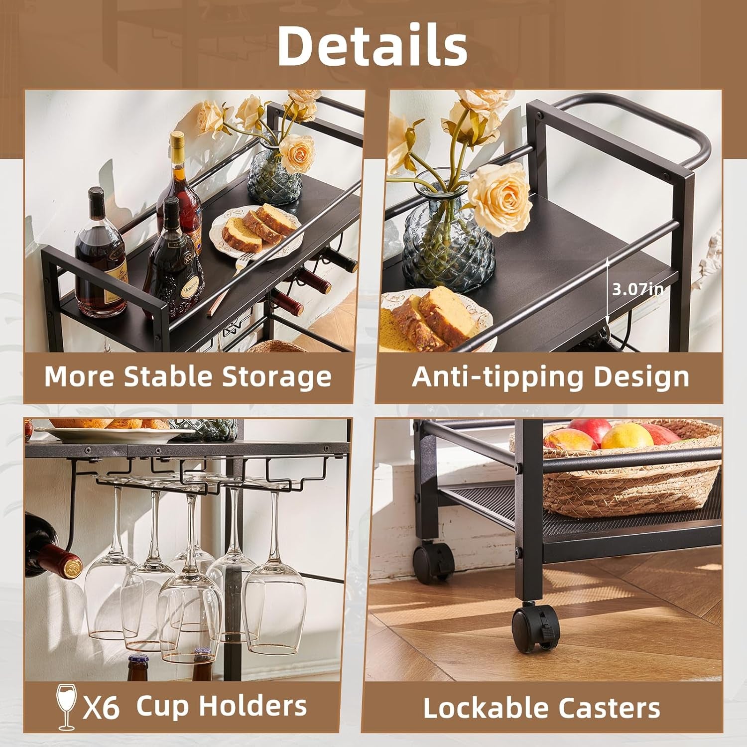 Black Bar Trolley with Wheels, Modern Bar Cart with Storage Space, Wine Trolley with Wine Rack and Wine Glass Holder for Kitchen, Living Room & Dining Room