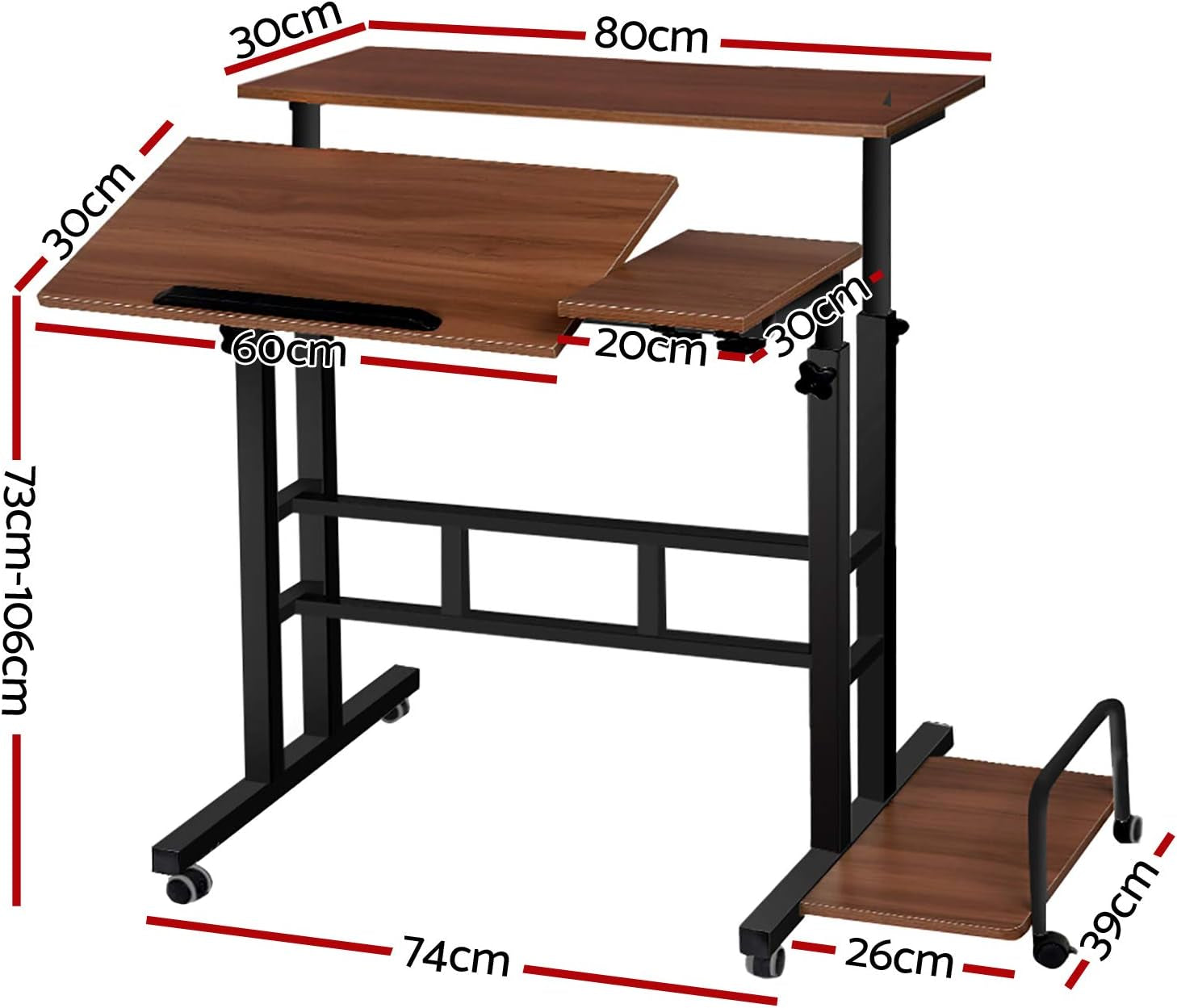 Laptop Table, Adjustable Stand Desk Desktop Computer Standing Study Desks Bed Side Tables Home Office Travel Studio Furniture, Portable 360° Rotating Lockable Caster Wheels Dark Wood