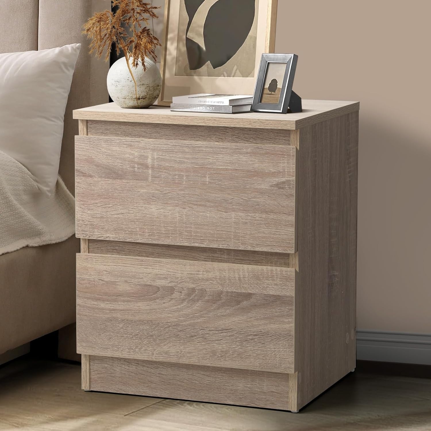 Modern Beige 2-Drawer Rectangular Nightstand Bedside Table, 40 Cm X 35.5 Cm X 49.5 Cm