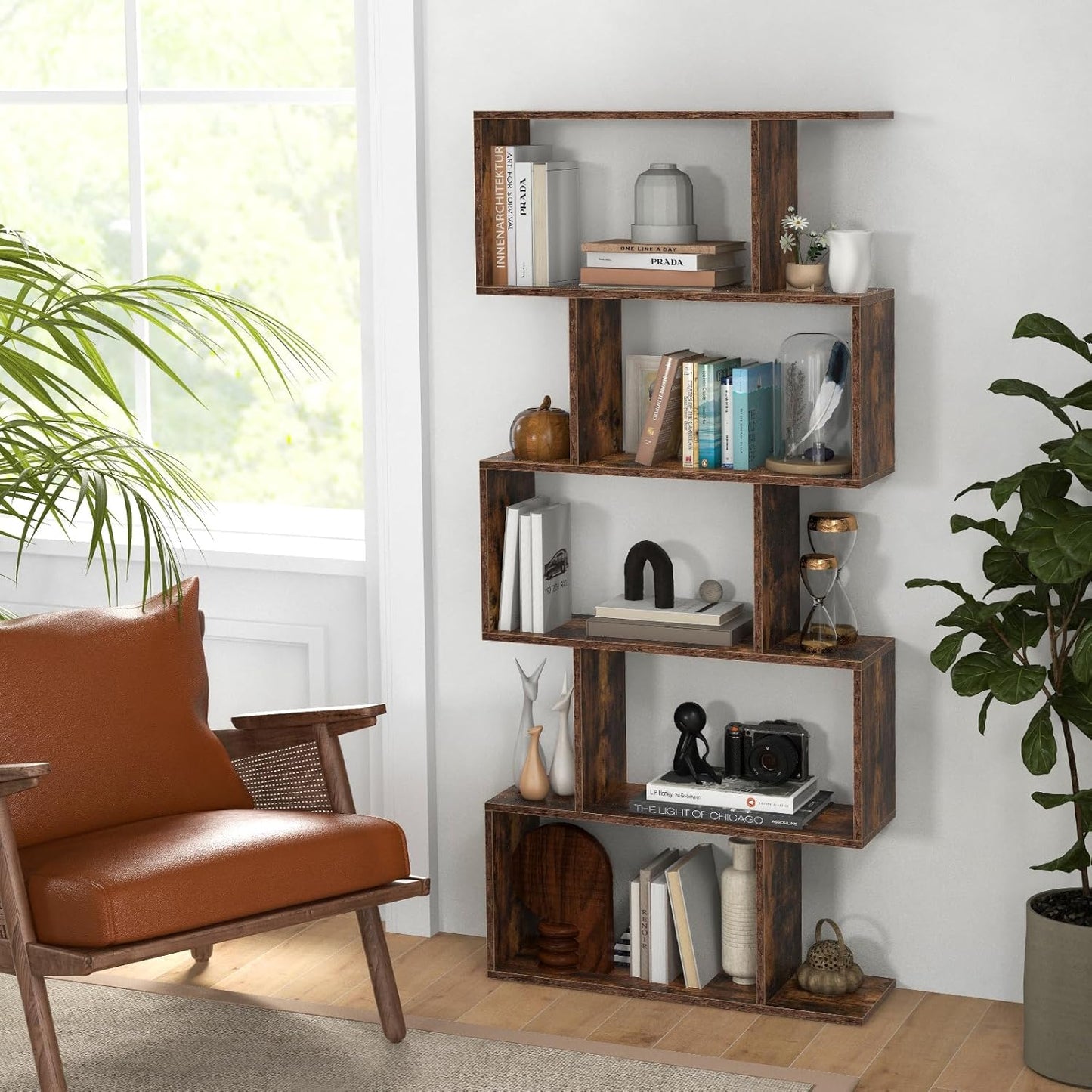 5-Tier Bookshelf, Geometric S-Shaped Bookcase W/Anti-Toppling Device, Freestanding Industrial Decorative Display Shelf, Storage Shelving for Living Room Home Office (Rustic Brown)