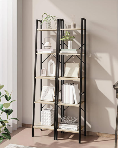 Ladder Shelf, Bookshelf Bookcase, Freestanding Corner Storage Shelve with 2 Hooks for Home Office, Living Room, Kitchen, Bedroom, Industrial, 5-Tier Greige BC03205B