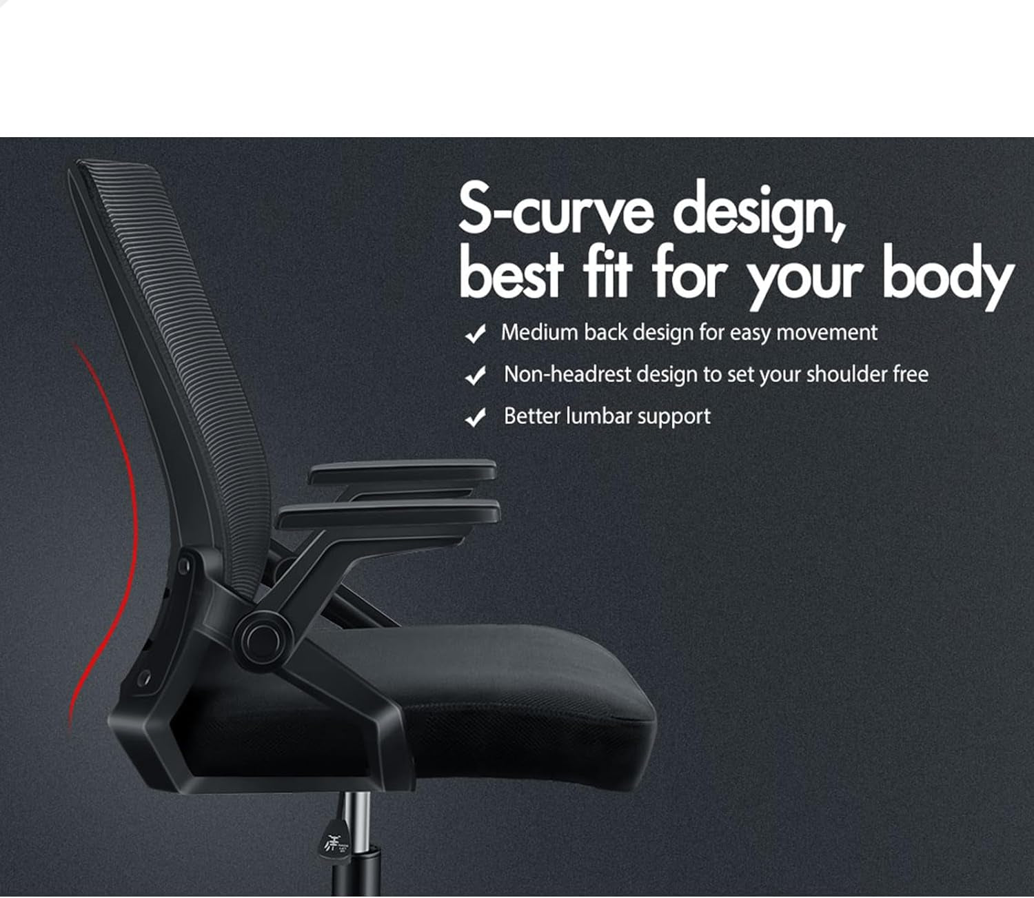 Ergonomic Mesh Office Chair for Home Office, Mid-Back Student Computer Study Desk Chair with Adjustable Flip-Up Arm & Lumbar Support, Gaming Racing Task Chair, Conrad All Black