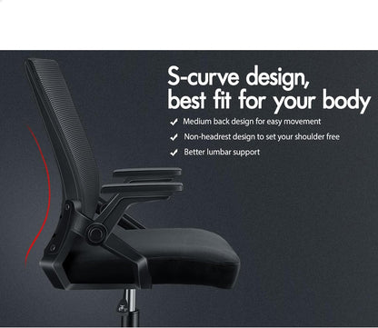 Ergonomic Mesh Office Chair for Home Office, Mid-Back Student Computer Study Desk Chair with Adjustable Flip-Up Arm & Lumbar Support, Gaming Racing Task Chair, Conrad All Black