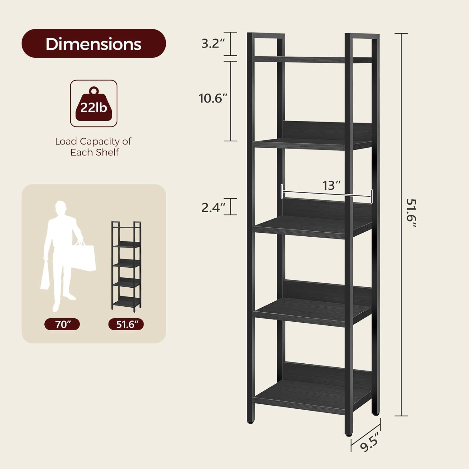 Bookshelf, 5-Tier Bookcase, Standing Book Shelf for Small Space, Storage Shelf Organizer, for Living Room, Bedroom, Study, Balcony, Black BKHB5501