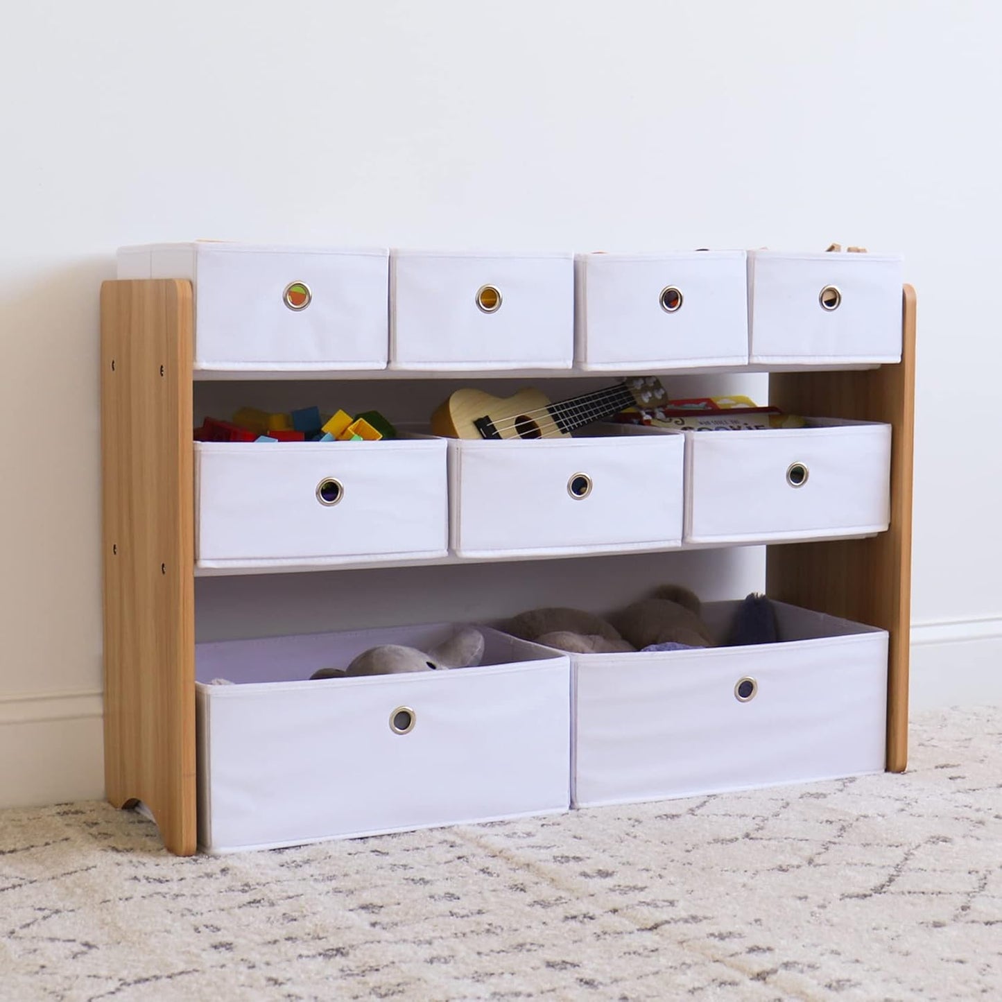 Toy Storage Shelf, Kids, Natural/White, 9 Storage Boxes Included