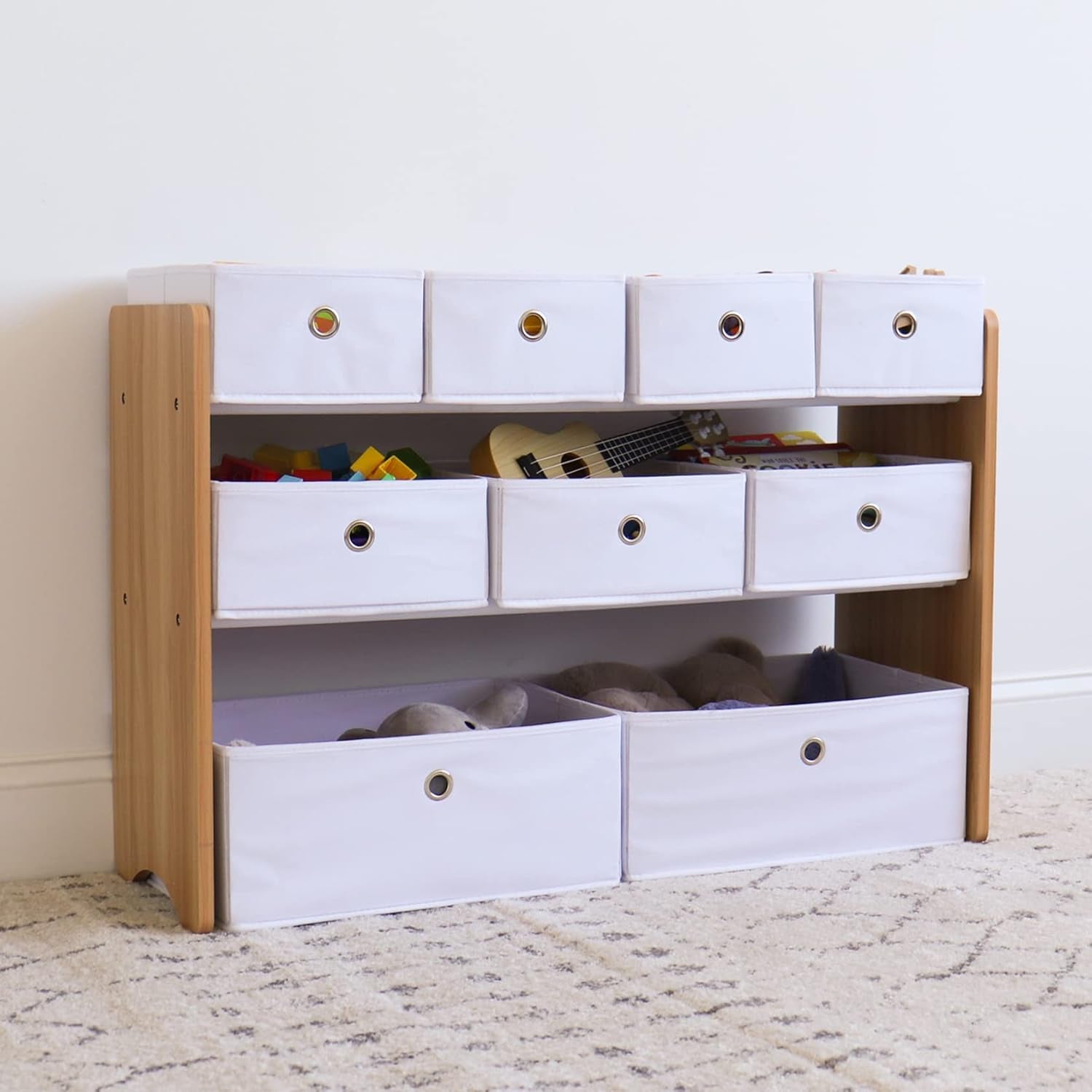 Toy Storage Shelf, Kids, Natural/White, 9 Storage Boxes Included
