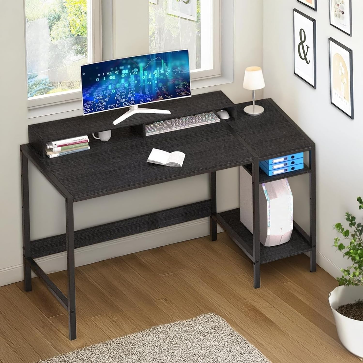 Computer Desk with Reversible Storage Shelves, 100 * 45 * 76Cm, Corner Desk with Monitor Stand, Home Office Desk, Modern Simple Writing Table for Office Bedroom Study (Black)