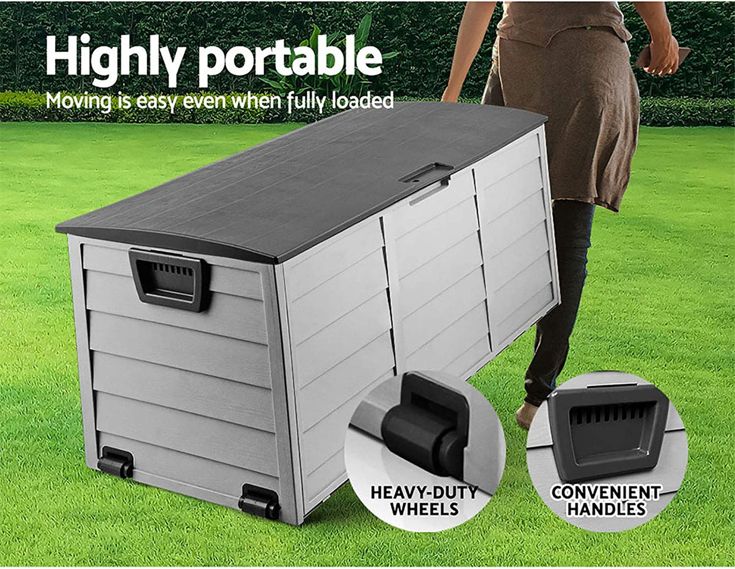 Outdoor Storage Box Container Cabinet Bench, 290L Large Lockable Tool Toy Deck Boxes Chest Garden Shed Storages Ottoman Chair Seat Patio Indoor Furniture, with Wheels Handles Black