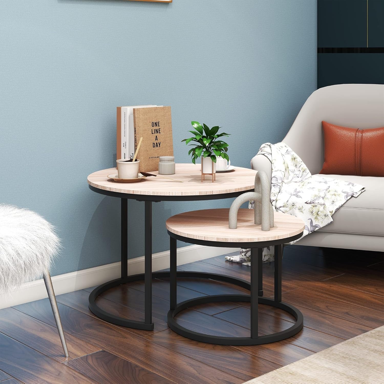 round Nesting Coffee Table Modern Furniture Nesting Side Set of 2 Stacking Side Tea Table End Table for Living Room Balcony Office with Sturdy Metal Frame, Easy Assembly