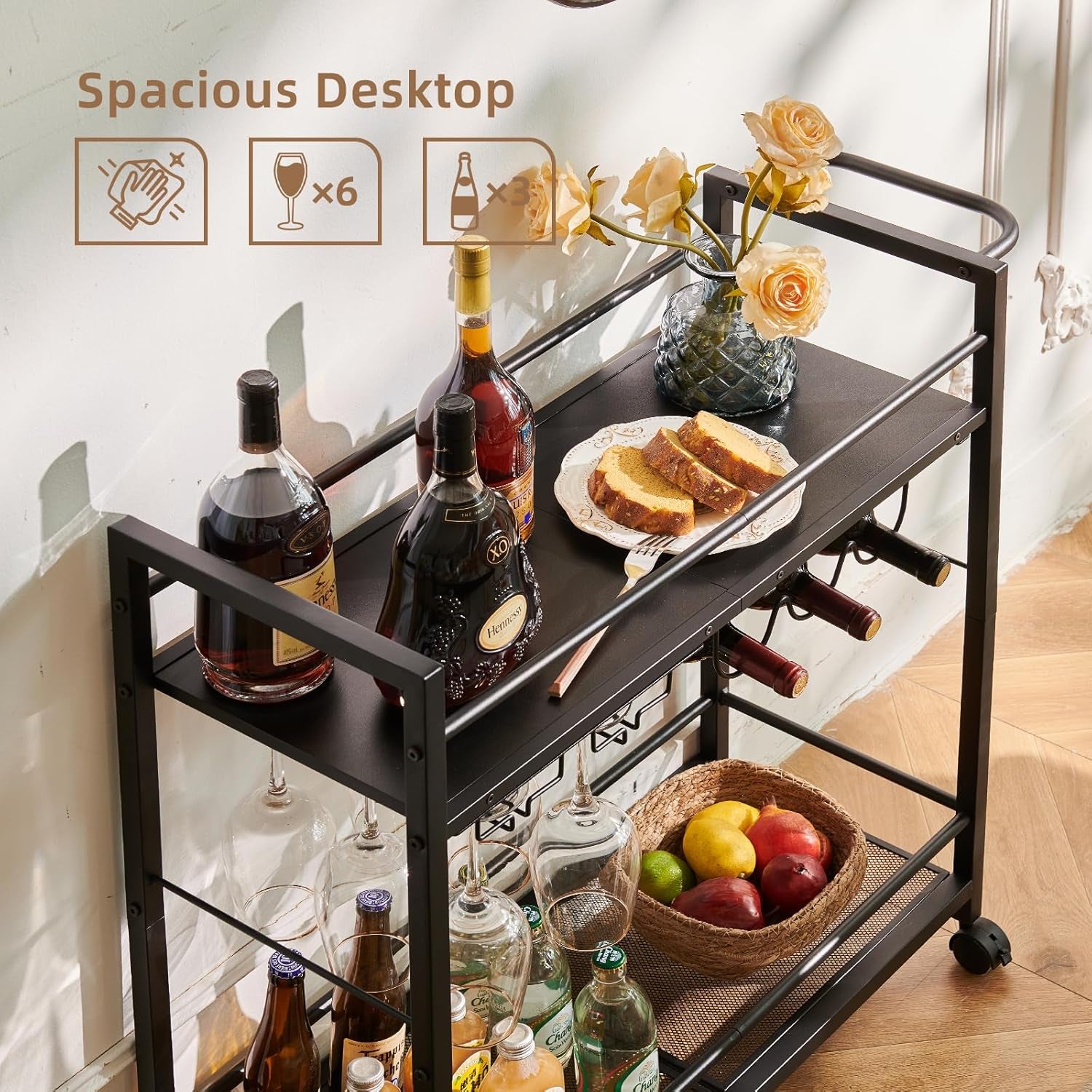 Black Bar Trolley with Wheels, Modern Bar Cart with Storage Space, Wine Trolley with Wine Rack and Wine Glass Holder for Kitchen, Living Room & Dining Room