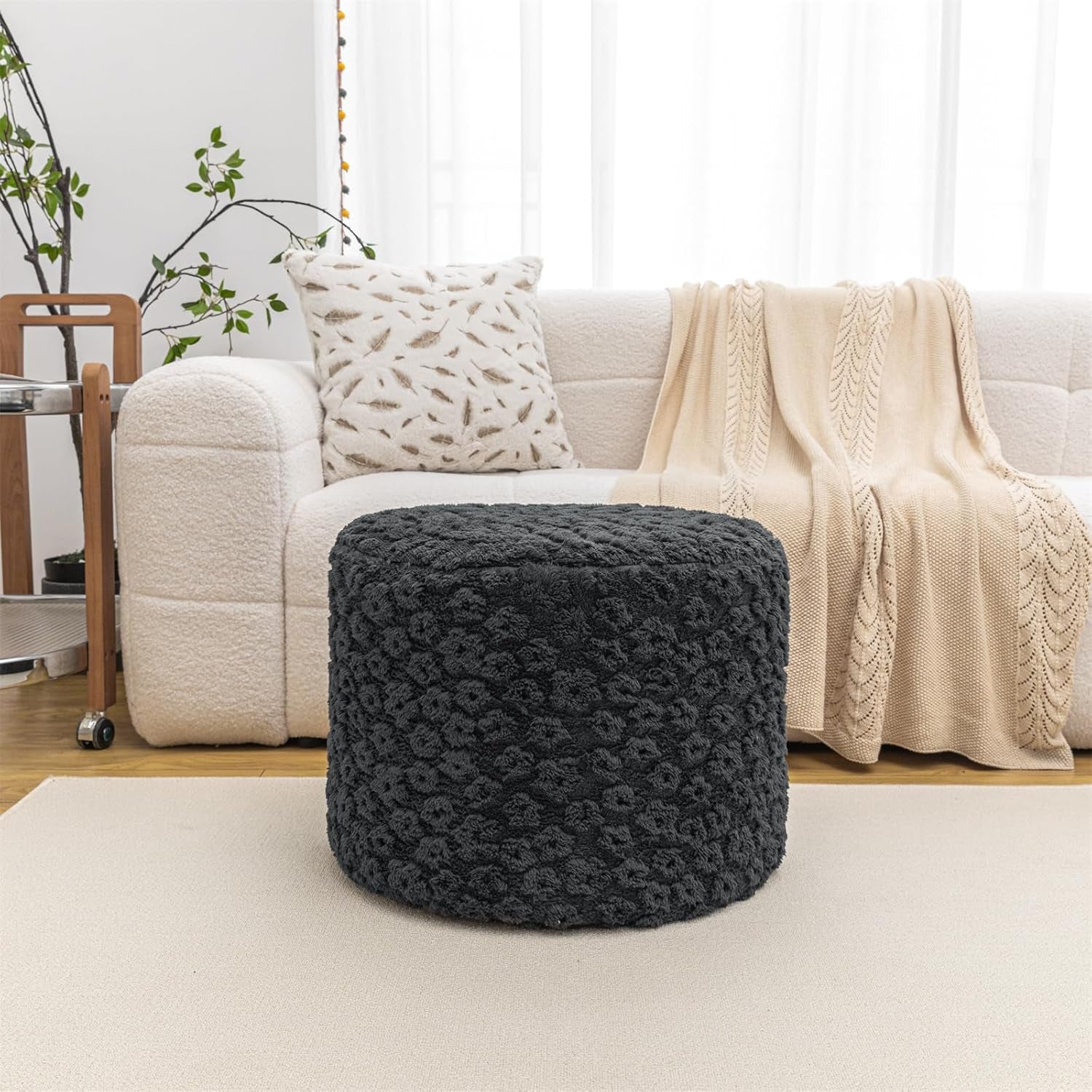 Stuffed Pouf Ottoman Comfy Floral Ottoman Foot Rest for Living Room Bedroom Kids Room Charm Floor Pouf for Home Decor Full Foam Filling Foot Rest for Couch (Dark Gray)