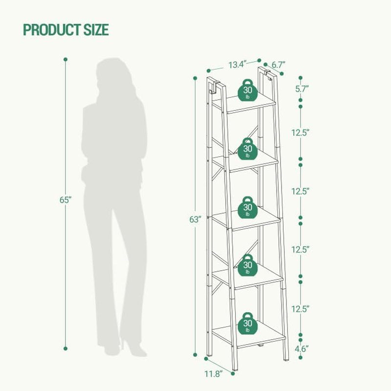 Ladder Shelf, Bookshelf Bookcase, Freestanding Corner Storage Shelve with 2 Hooks for Home Office, Living Room, Kitchen, Bedroom, Industrial, 5-Tier Greige BC03205B