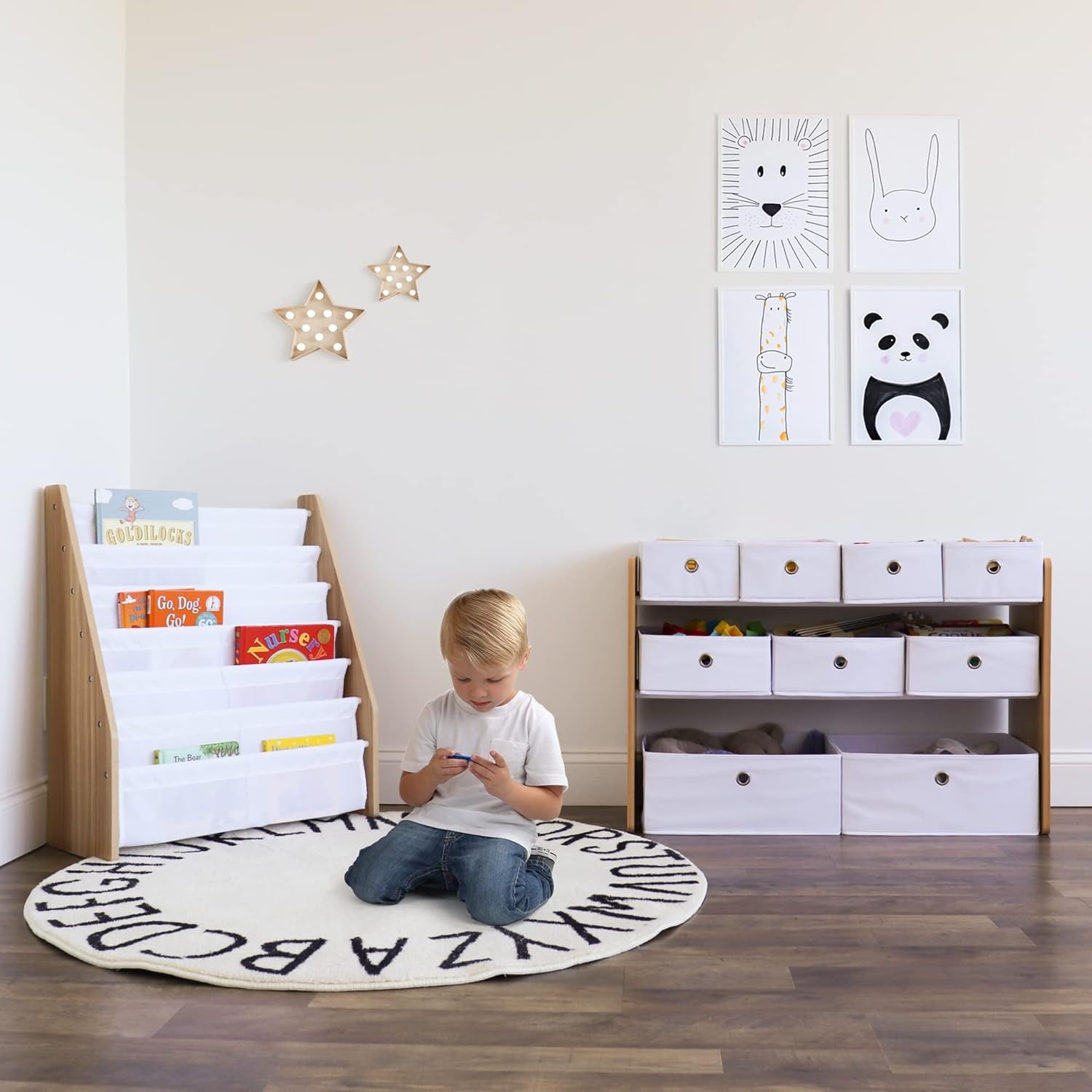 Toy Storage Shelf, Kids, Natural/White, 9 Storage Boxes Included