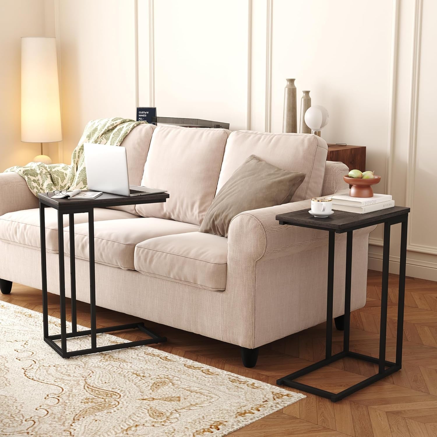 Narrow C Shaped End Table - Space-Saving Side Table for Living Room, Bedroom, Sofa Small Spaces, Oak