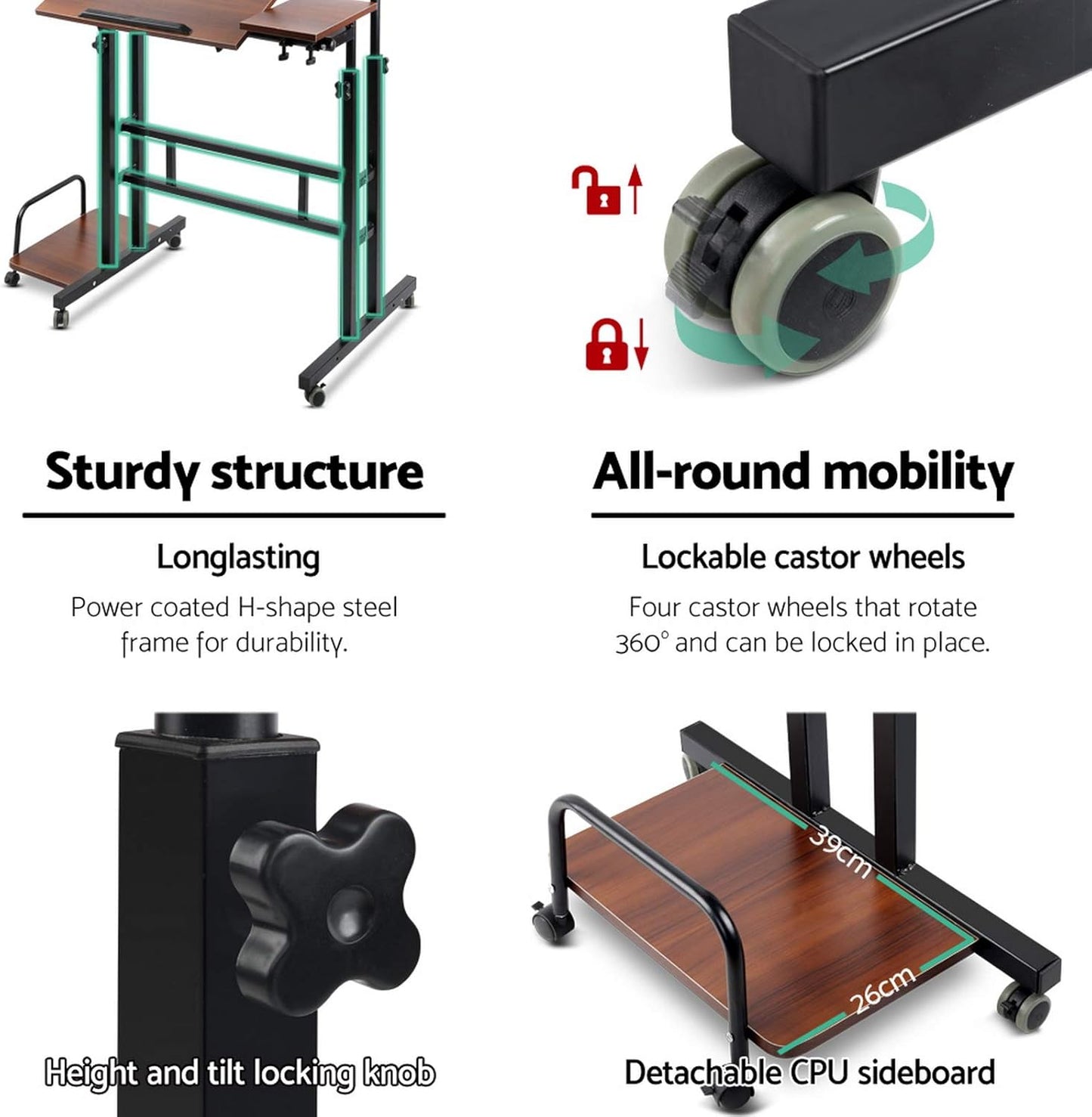 Laptop Table, Adjustable Stand Desk Desktop Computer Standing Study Desks Bed Side Tables Home Office Travel Studio Furniture, Portable 360° Rotating Lockable Caster Wheels Dark Wood