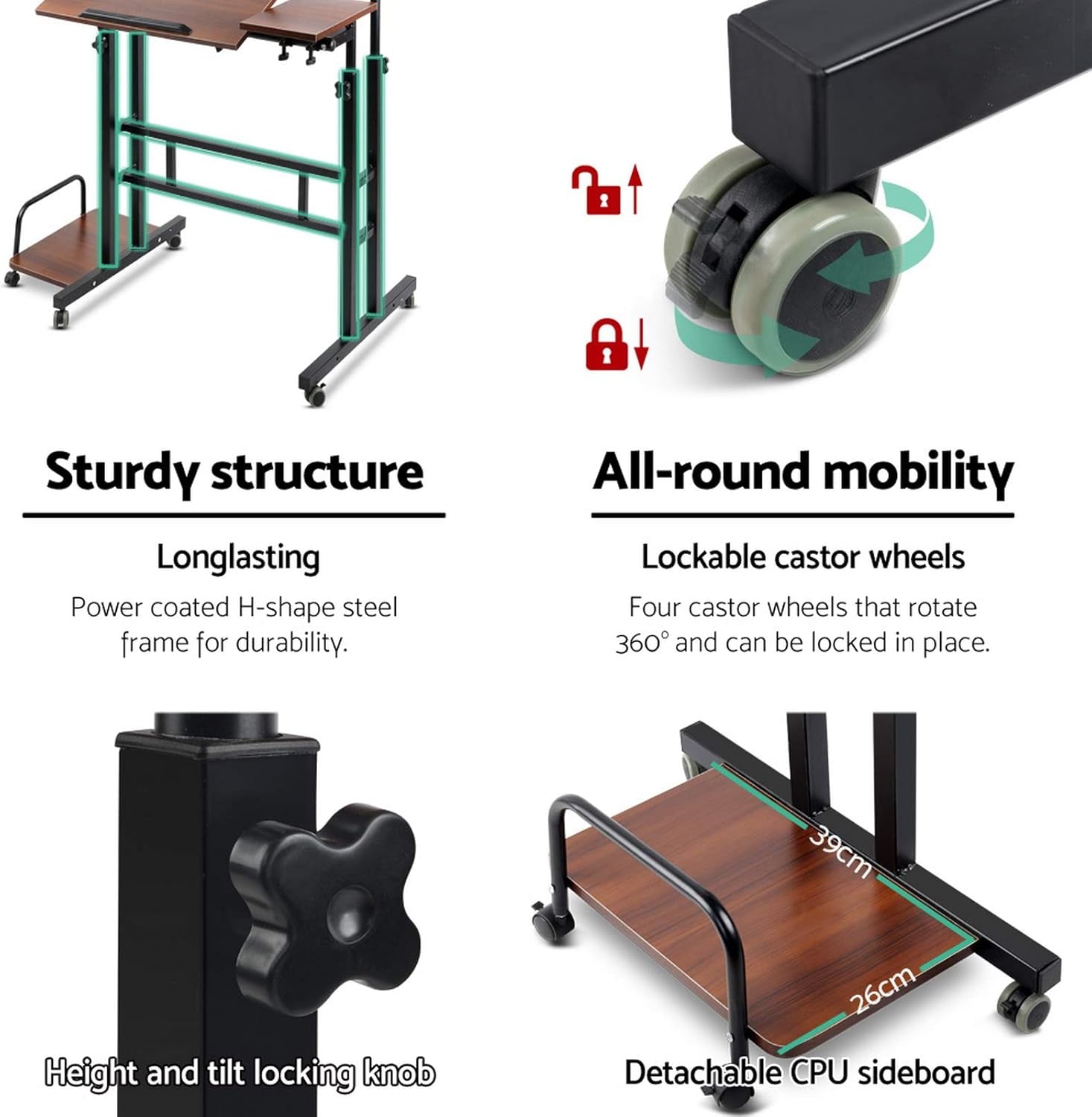 Laptop Table, Adjustable Stand Desk Desktop Computer Standing Study Desks Bed Side Tables Home Office Travel Studio Furniture, Portable 360° Rotating Lockable Caster Wheels Dark Wood